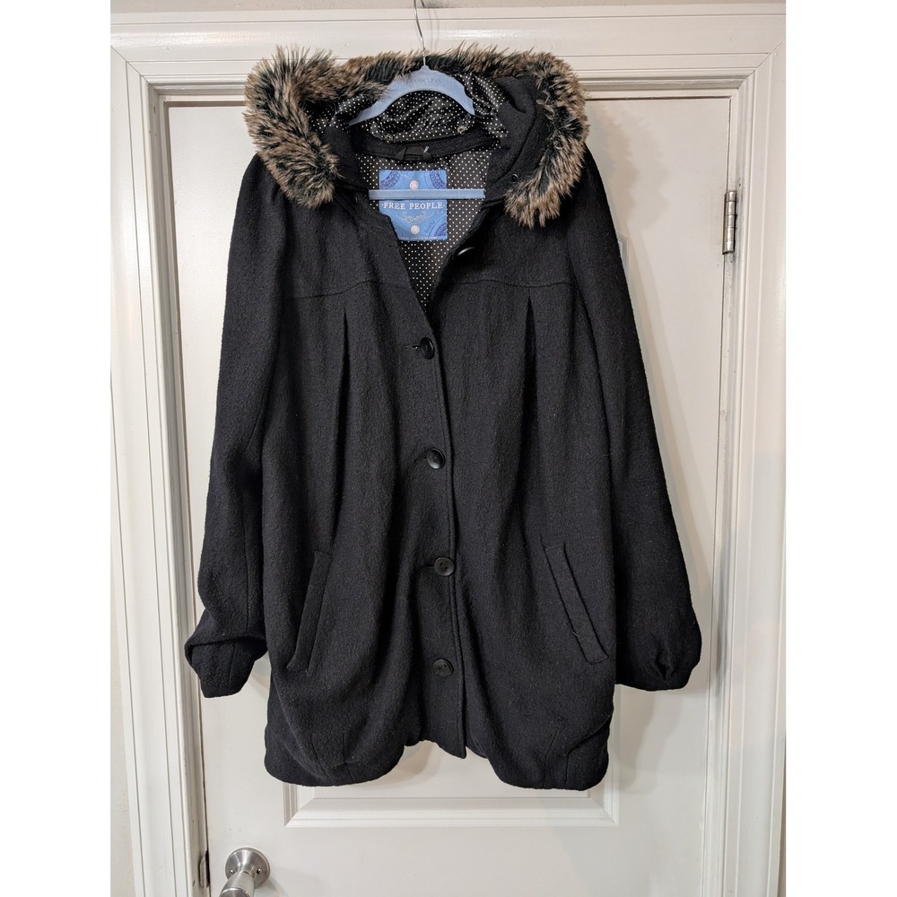 Free People Black Faux Fur‎ Hood Wool Blend Coat Women large vintage Gothic